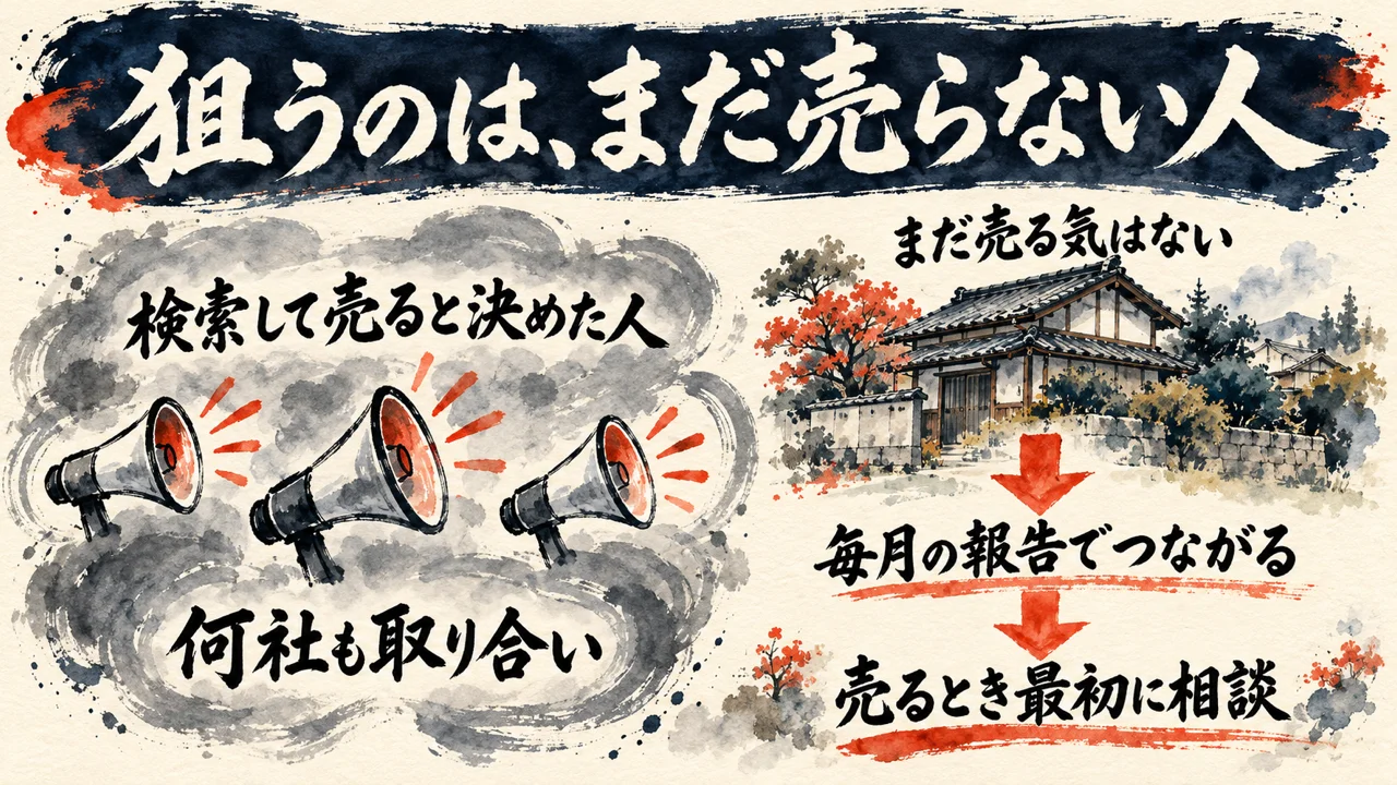 狙うのは、まだ売らない人、という図解。左は検索して売ると決めた人で、何社も取り合いになる。右はまだ売る気はない人で、毎月の報告でつながり、売るとき最初に相談してもらう
