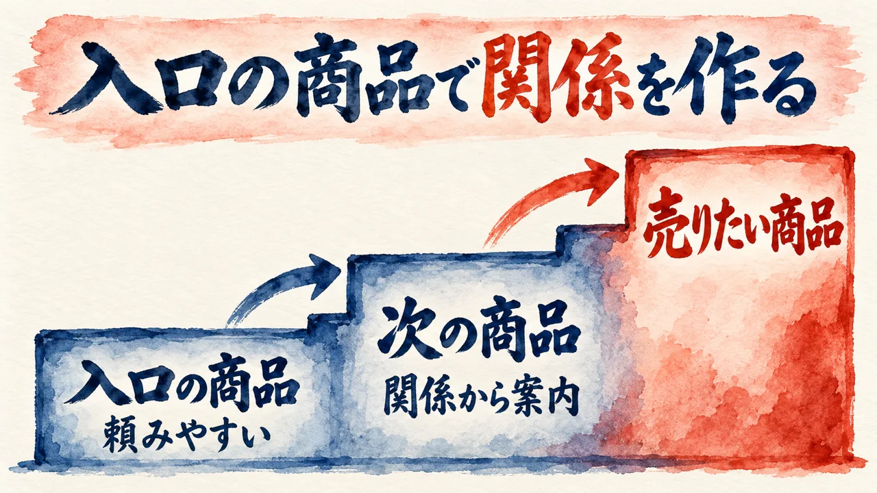入口の商品で関係を作る、という階段の図解。頼みやすい入口の商品から、関係から案内する次の商品へ進み、売りたい商品に届く