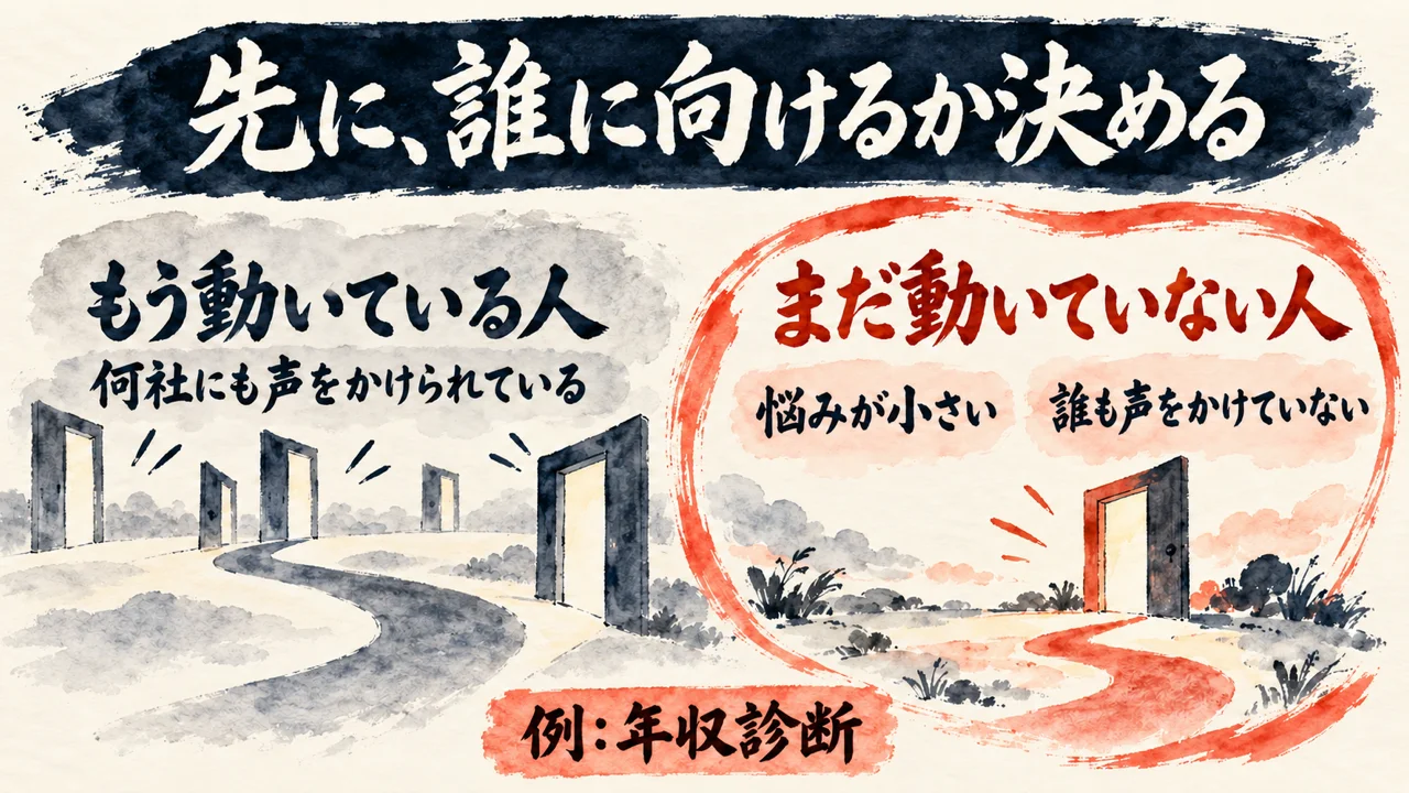 先に、誰に向けるか決める、という図解。左はもう動いている人で、何社にも声をかけられている。右はまだ動いていない人で、悩みが小さく、誰も声をかけていない。例は年収診断