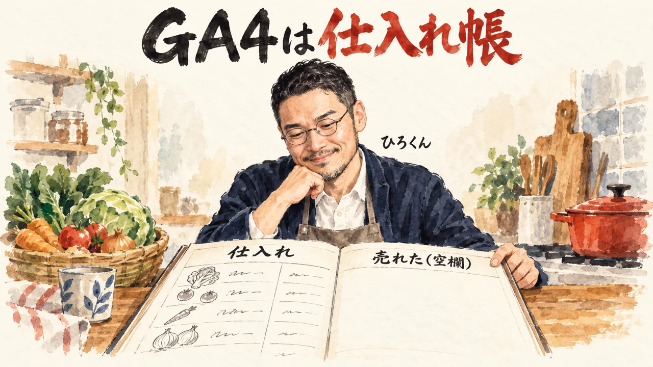 GA4を仕入れ帳にたとえ、売れたの欄が空いているのを見るひろくんのイラスト