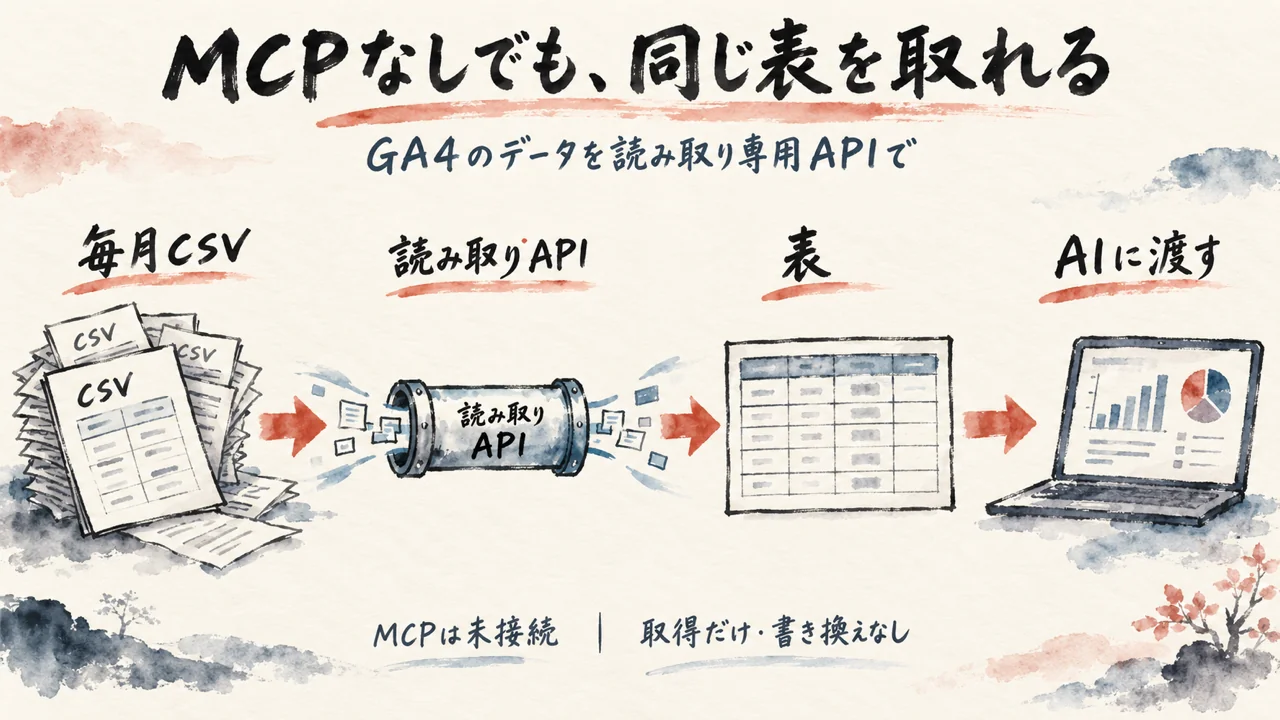 元記事のCSV書き出しを、読み取り専用APIで取った表に置き換え、AIに渡す流れの図解
