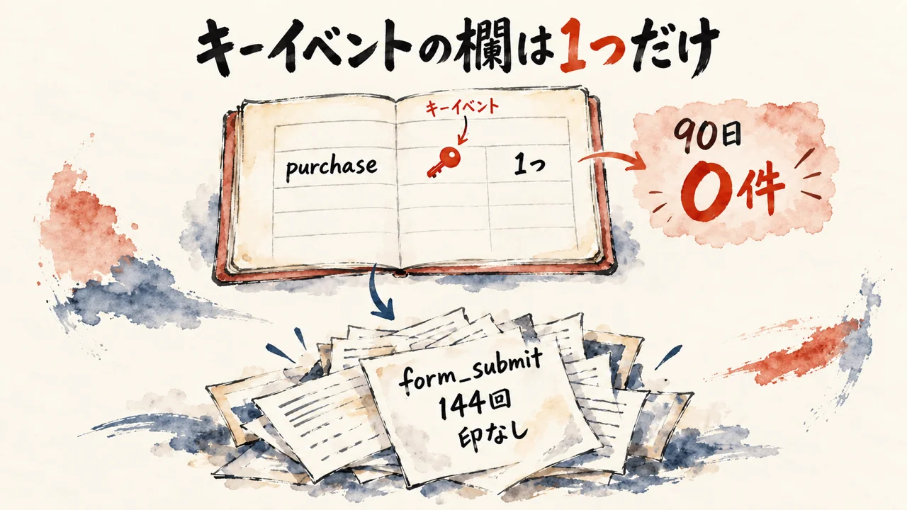 キーイベントの欄はpurchaseの1つだけで、90日は0件。form_submitは144回あるのに印が付いていない図解