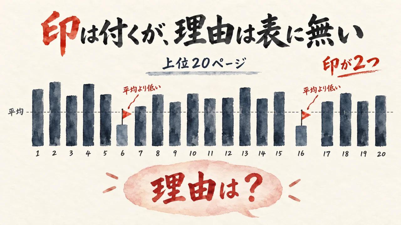 上位20ページの棒グラフで、平均より低い2本に旗が立っているが、理由は表に書かれていない図解