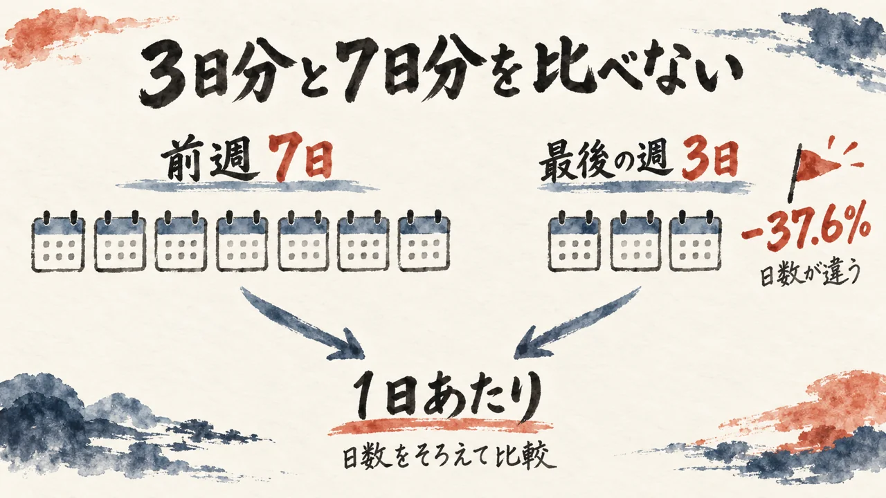 前週7日と最後の週3日を比べず、1日あたりに直して比べる図解