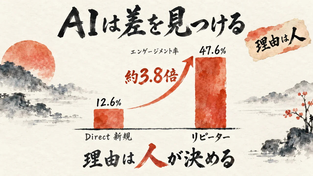 Directの新規のエンゲージメント率12.6%とリピーターの47.6%を比べ、理由は人が決める図解