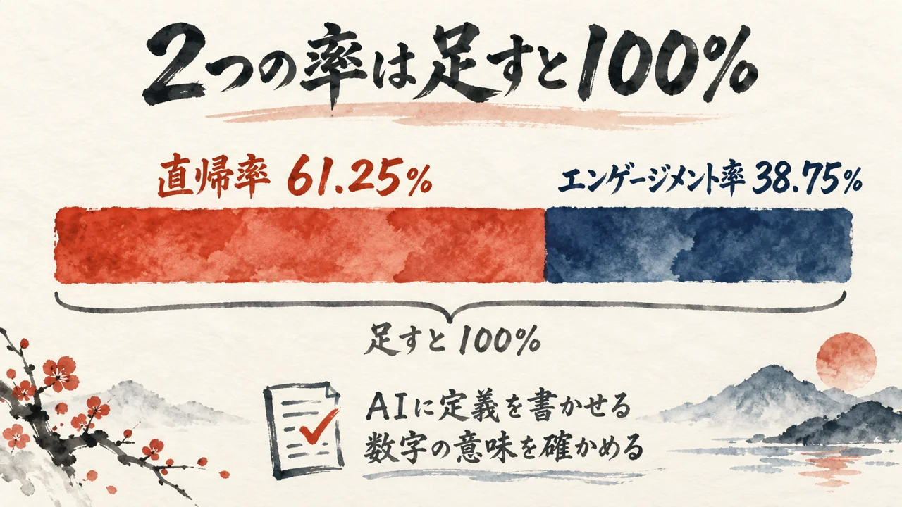直帰率61.25%とエンゲージメント率38.75%を足すと100%になる図解