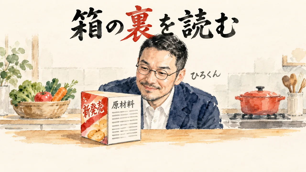 台所のカウンターで、箱を裏返して裏の原材料表示を読むひろくんのイラスト