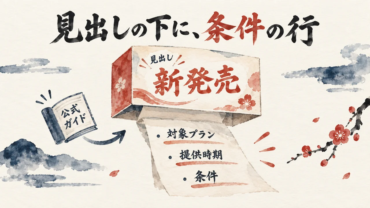 箱の表に大きく見出し、その下に対象プラン・提供時期・条件の3行が段々に並ぶ図解