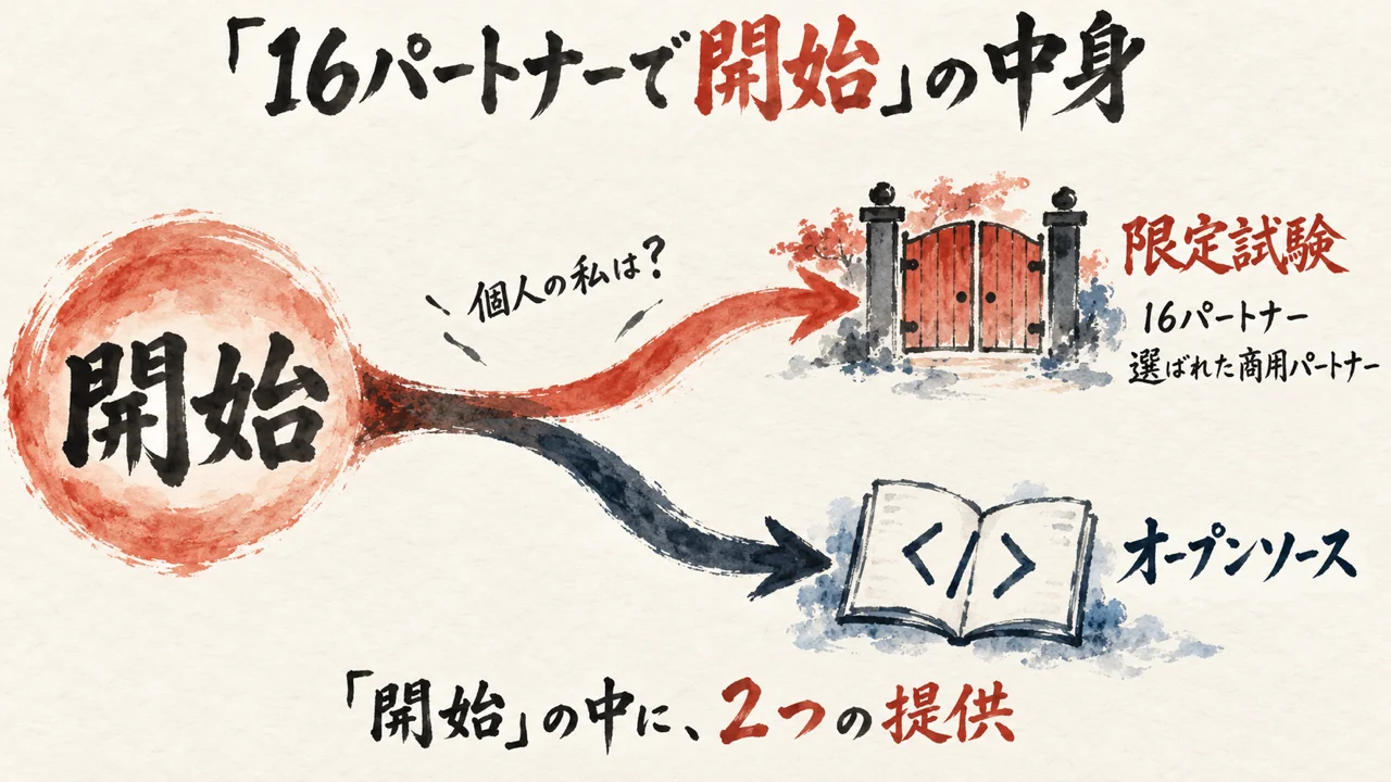 「開始」の一本道が、限定試験とオープンソースの2本に分かれる分かれ道の図解