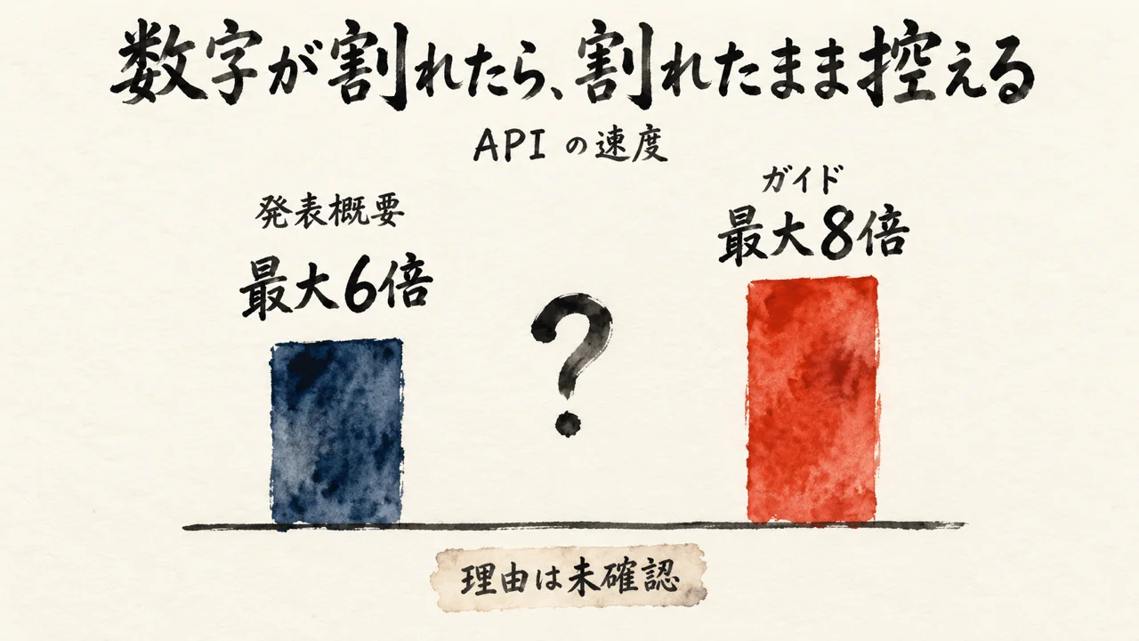 発表概要の最大6倍とガイドの最大8倍が並び、理由は未確認の札が付いた図解