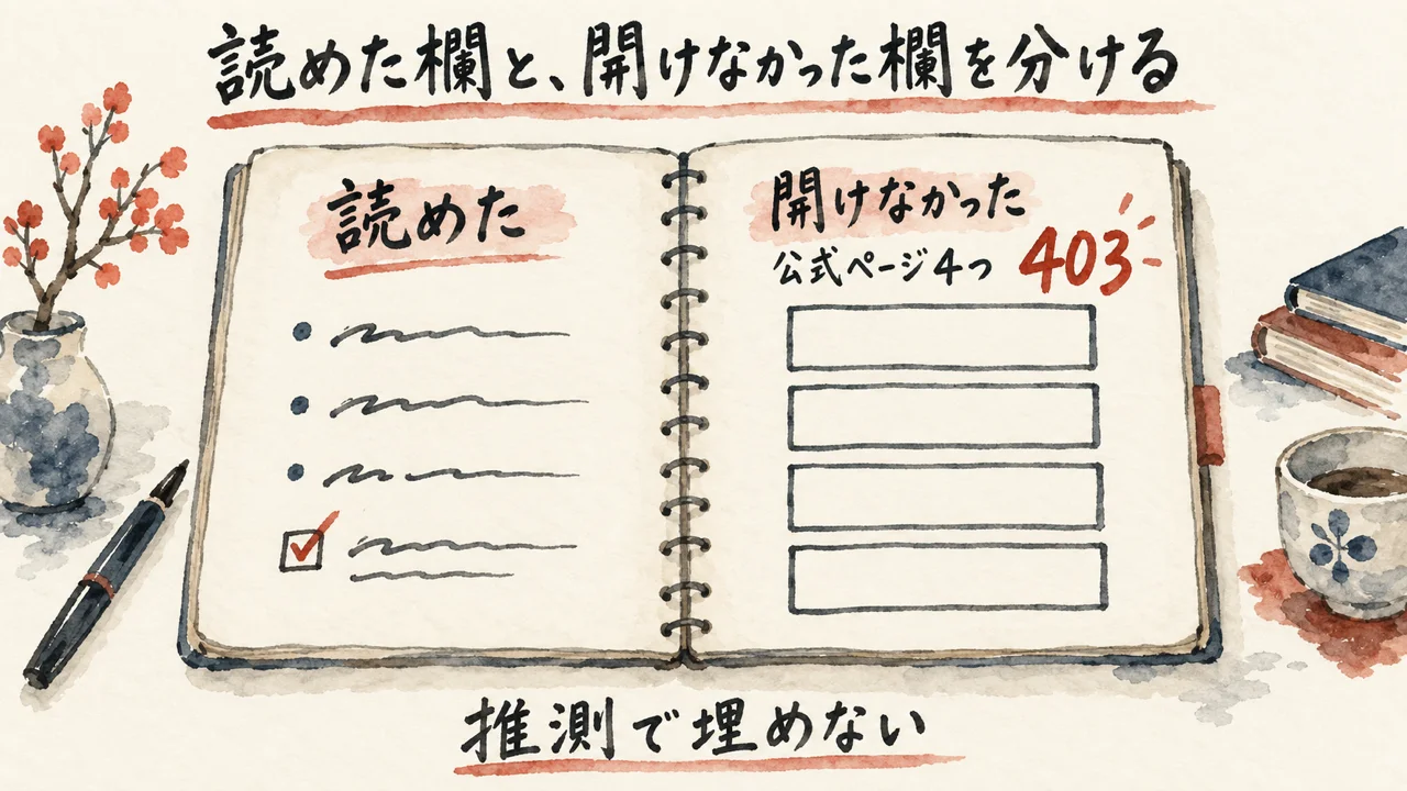 読めたページの欄と、403で開けなかった4ページの空の欄に分かれたメモ帳の図解