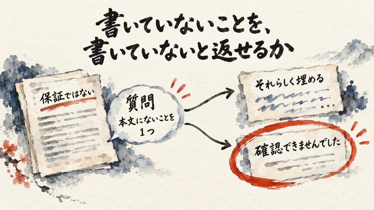 質問に対して、それらしく埋める返事と、確認できませんでしたと返す返事に分かれる図解