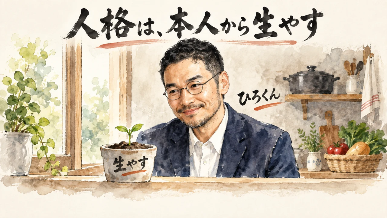 台所の窓辺で、鉢に出た小さな芽を見守るひろくんのイラスト