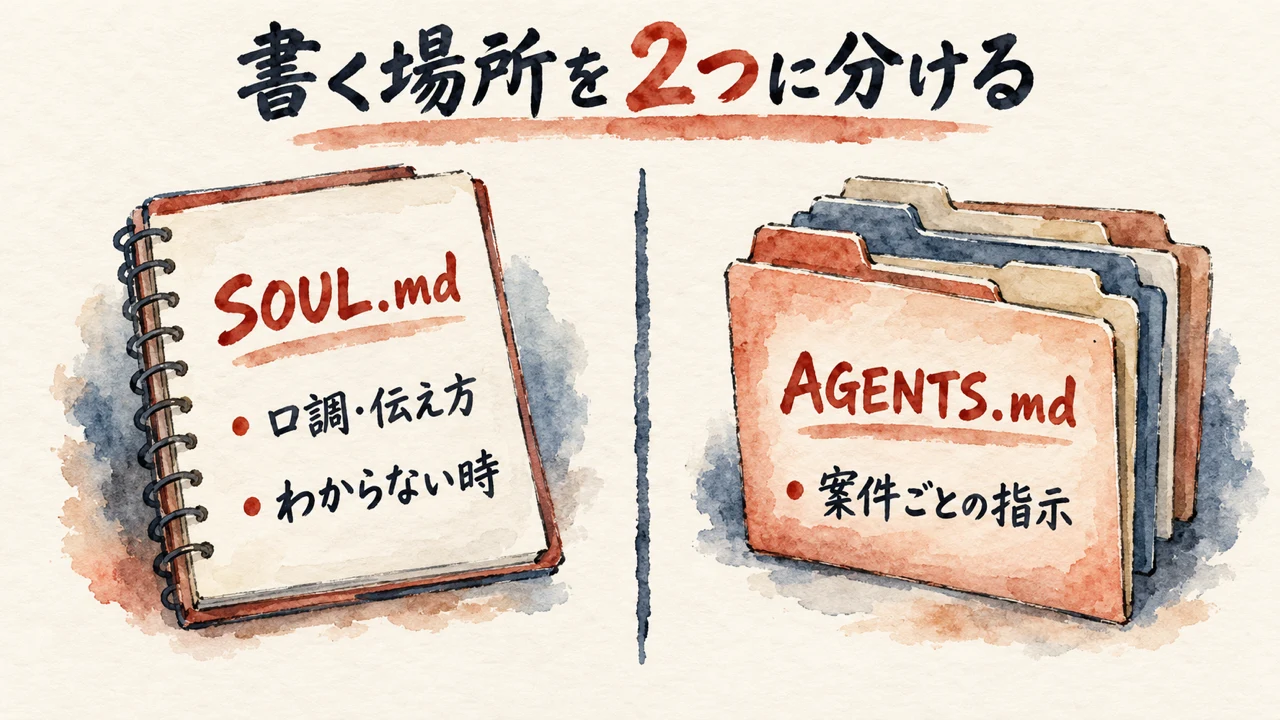 SOUL.mdのノートと、案件ごとの指示を入れるAGENTS.mdのファイルの束を左右に分けた図解