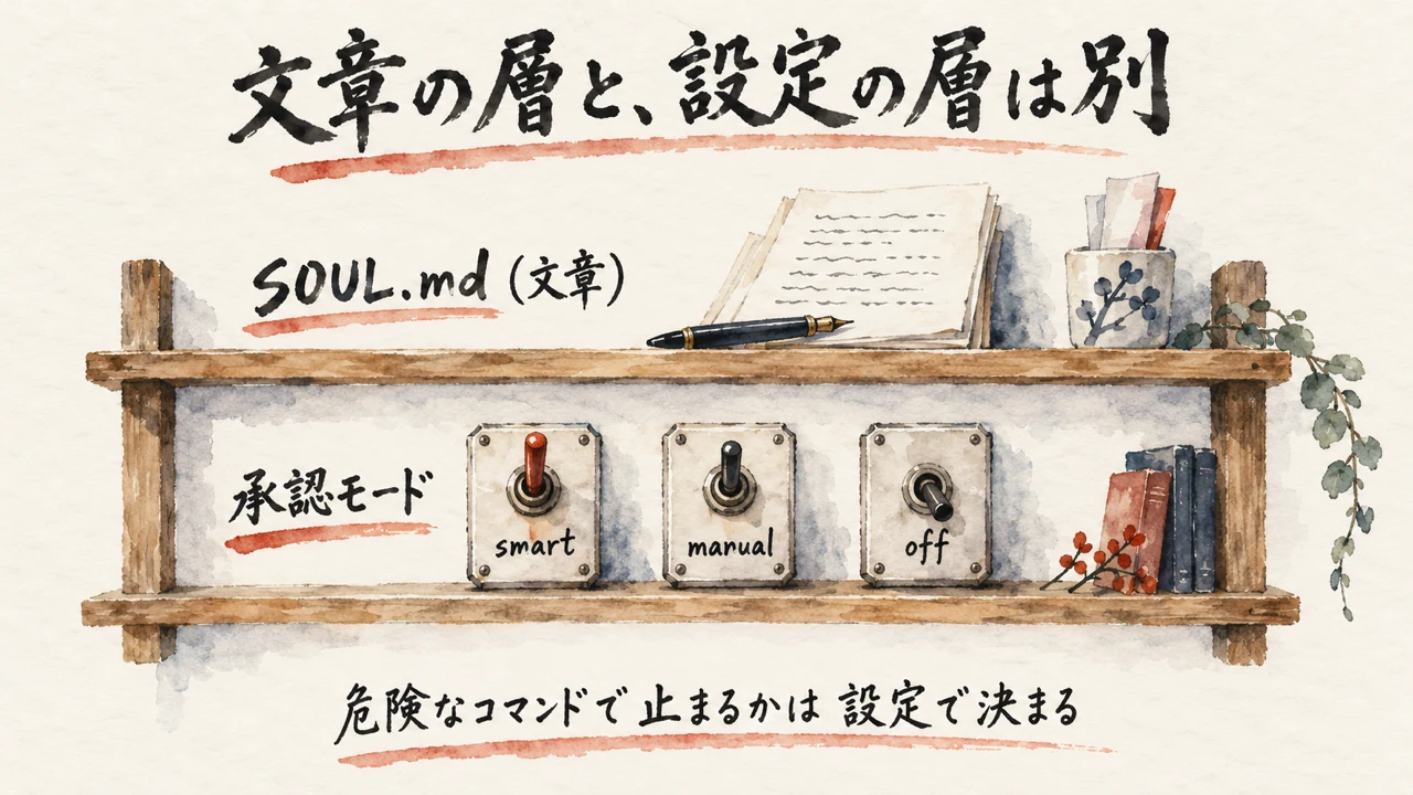 上段の便箋（SOUL.md）と下段の3つのスイッチ（承認モード）が別の層になっている図解