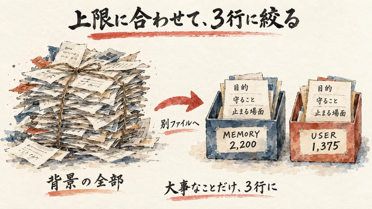 入りきらない大きな荷物と、MEMORYとUSERの小さな2つの箱に3行のメモが入った図解