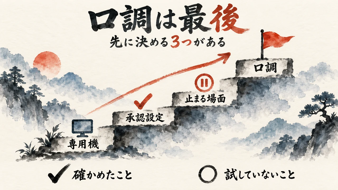 専用機、承認設定、止まる場面、口調の4段の階段の最上段に朱色の旗が立つ図解