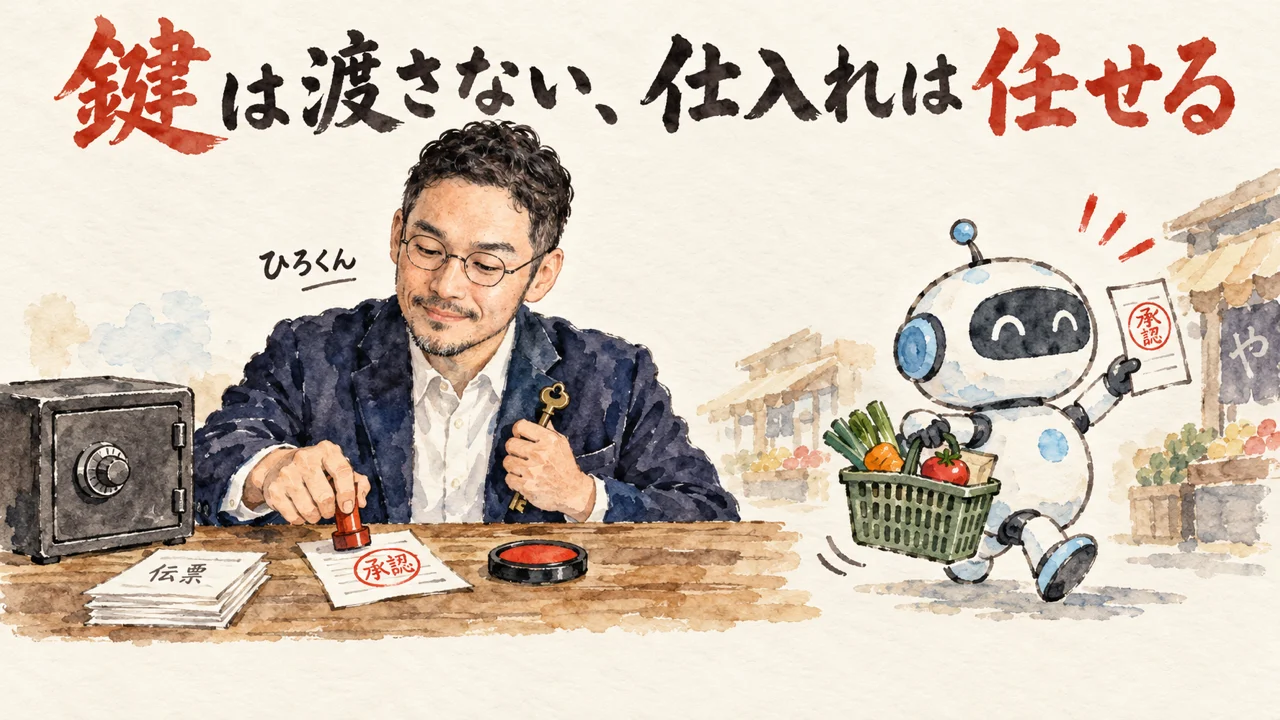 ひろくんが鍵を手元に置いたまま伝票に承認の判を押し、ロボットが仕入れに出かける場面