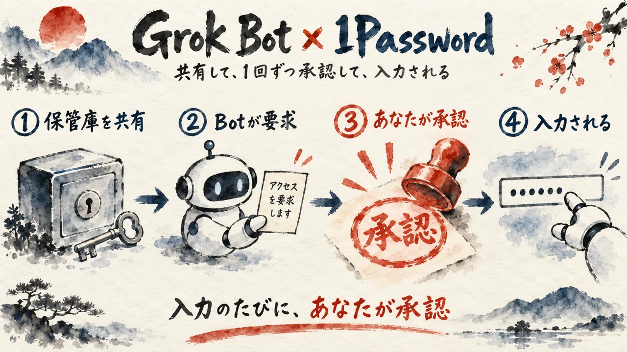 Grok Botが1Passwordの保管庫を共有し、入力のたびに人が承認する4段の流れ