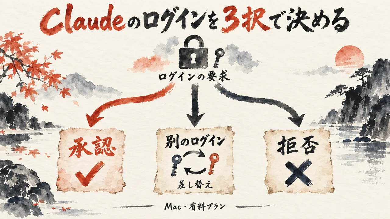 Claudeのログイン要求に対し、承認・別のログイン・拒否の3択がある図