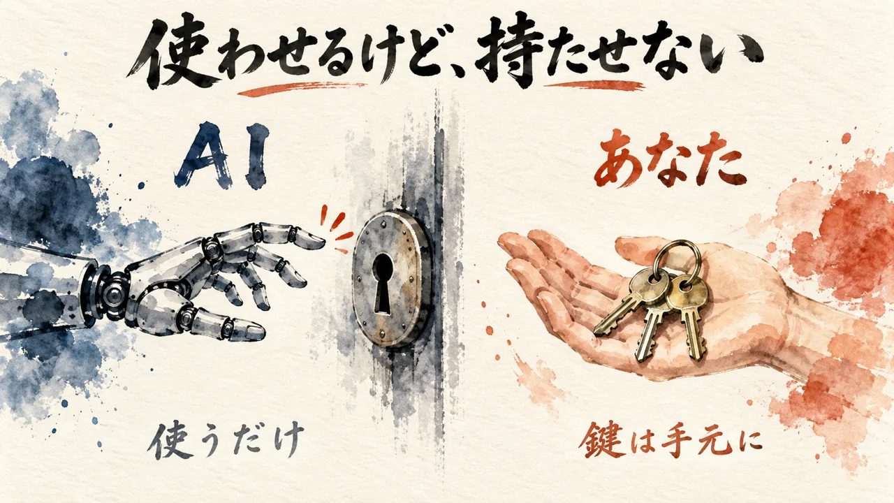 AIは鍵穴に近づくだけで、鍵束は人の手元に残る対比図