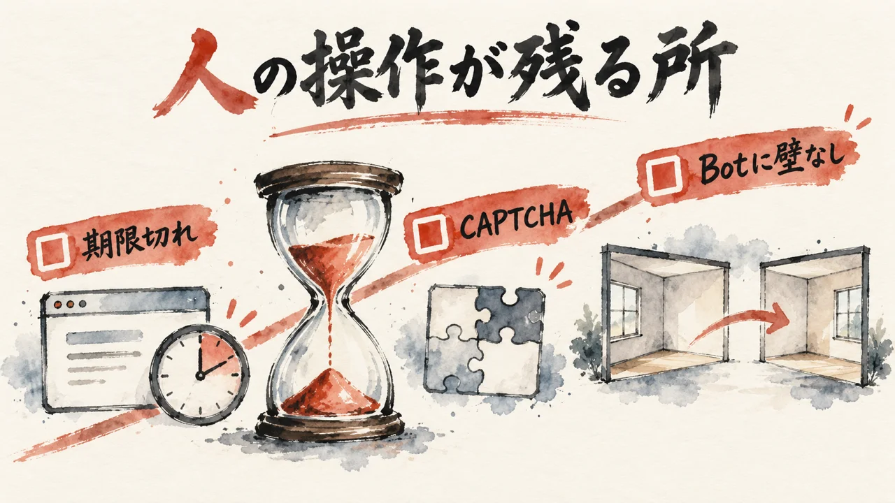 期限切れ、CAPTCHA、Botに壁がない、の3つの人の操作が残る所