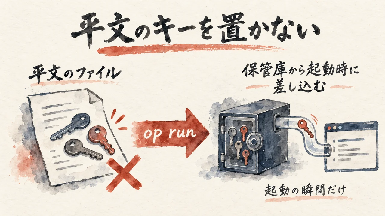 平文のキーを置かず、保管庫から起動時だけ差し込む対比図