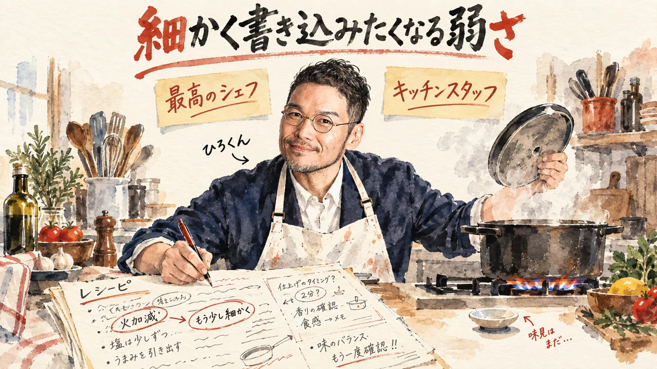 台所で、レシピに細かく書き込みながら鍋のふたを持つひろくんのイラスト
