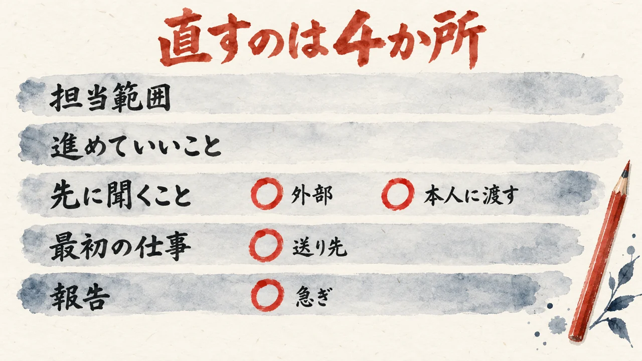 指示文の5つの部分が縦に並び、先に聞くこと・最初の仕事・報告に朱色の丸が4つ付いた図解