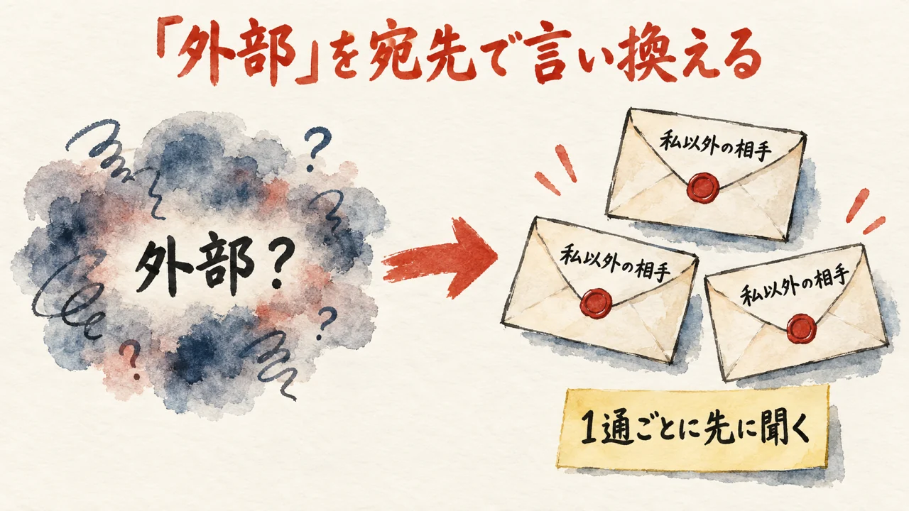 「外部？」と書かれたもやもやした雲から、「私以外の相手」と書かれた3通の封筒へ矢印が伸びる図解