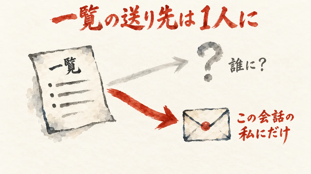 「一覧」の紙から、灰色の「誰に？」と朱色の「この会話の私にだけ」へ矢印が分かれる図解