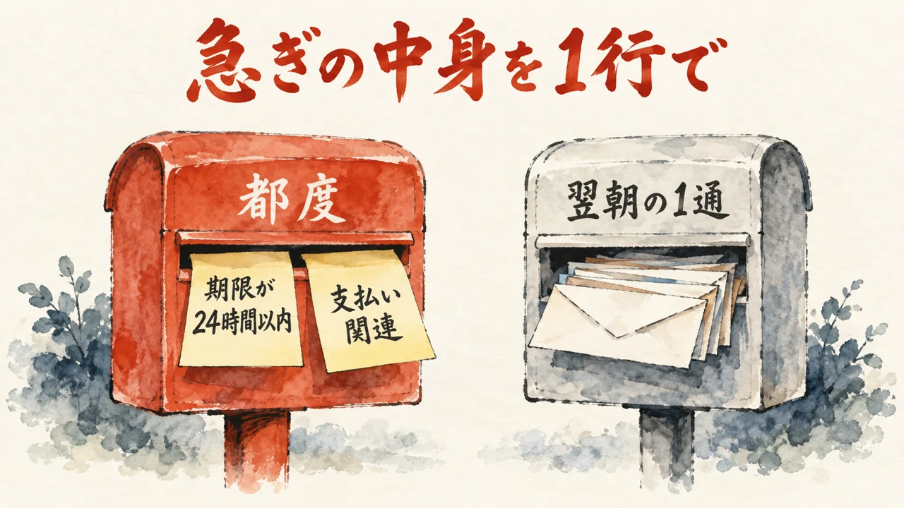 朱色の「都度」と灰色の「翌朝の1通」の2つの郵便受けの図解