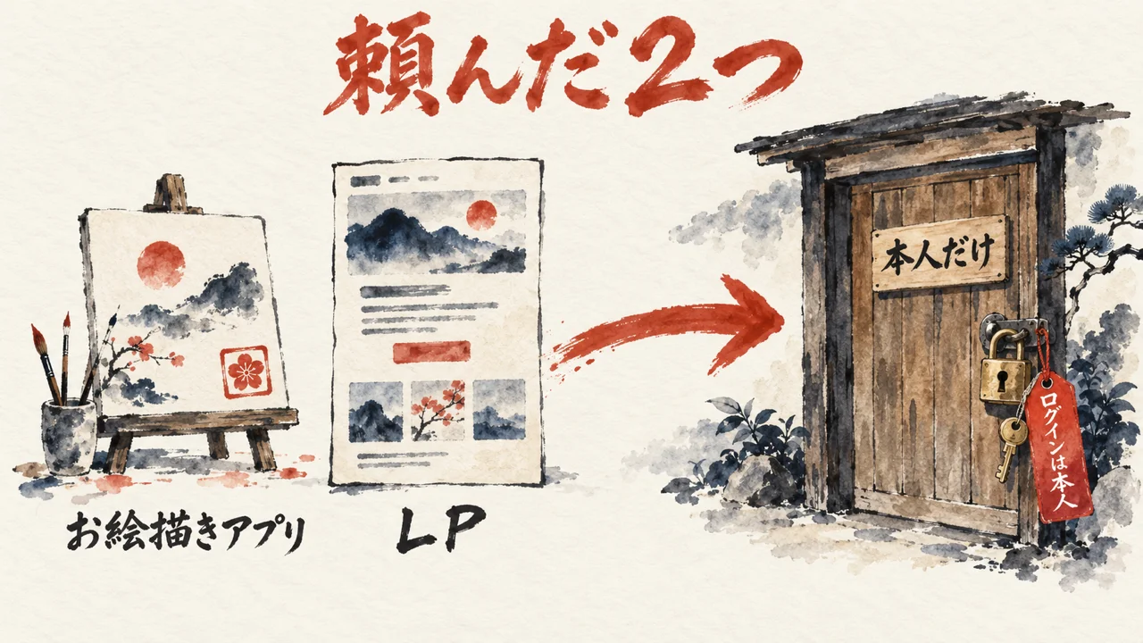 お絵描きアプリとLPの2枚が、鍵の付いた「本人だけ」の扉へ進む図解。扉の脇に「ログインは本人」の札