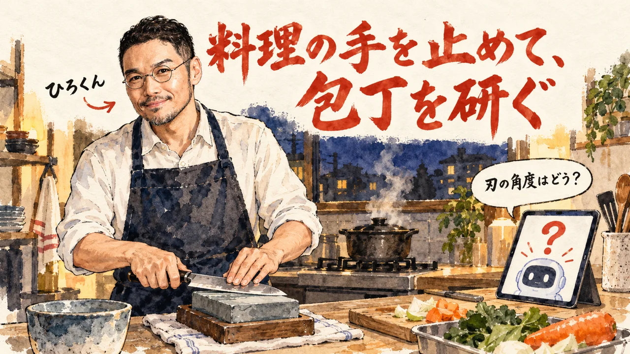 料理の手を止めて包丁を研ぐひろくんと、問いを出すAIのタブレット