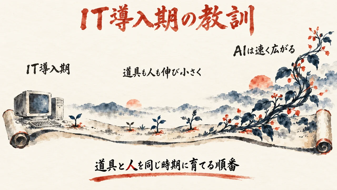 IT導入期の日本は道具も人も伸びが小さく、AIはより速く広がることを示す時間軸の図解