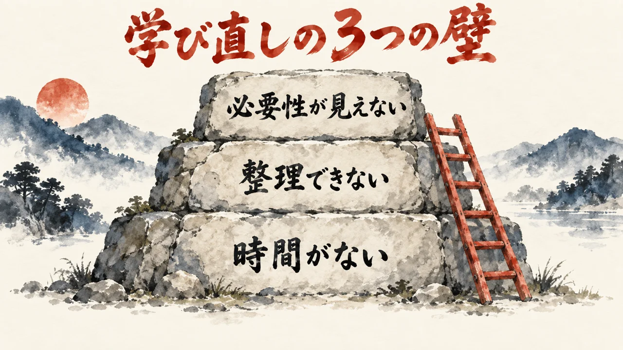 必要性が見えない・整理できない・時間がない、学び直しの3つの壁の図解