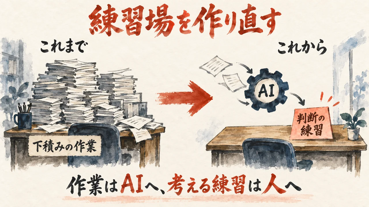 下積みの作業はAIへ、判断の練習は人へ移すことを示す前後の図解