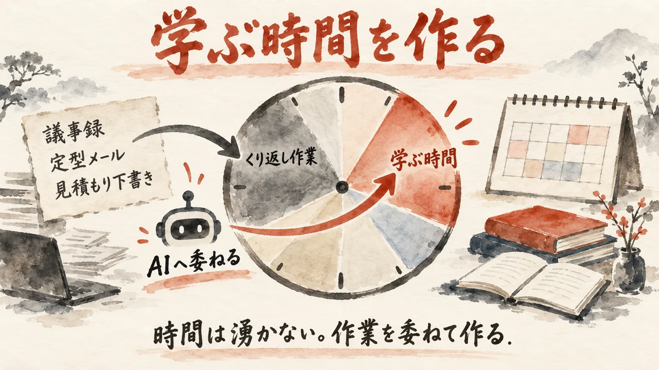 くり返し作業をAIへ委ねて学ぶ時間を作ることを示す図解