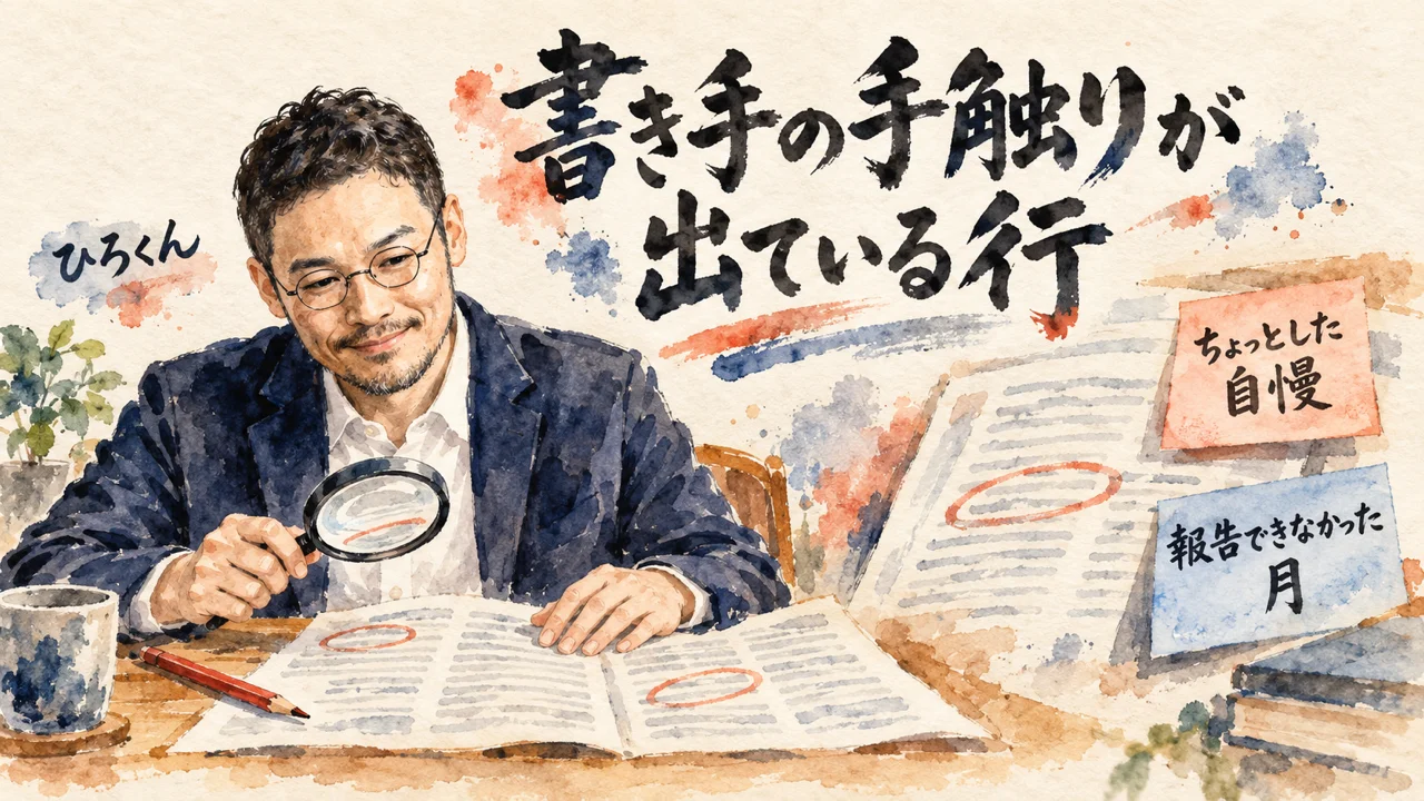 書き手の手触りが出ている行を、虫眼鏡で確かめるひろくん