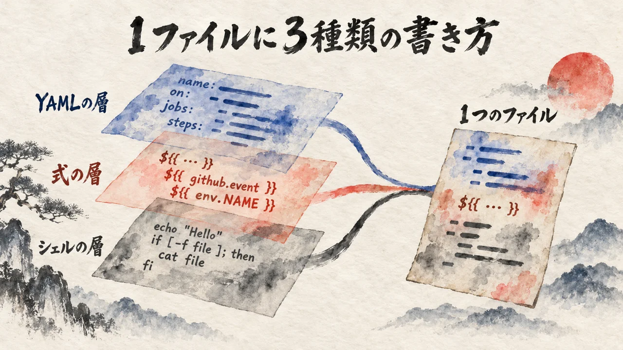 1つの設定ファイルにYAML・式・シェルの3層が重なる図解