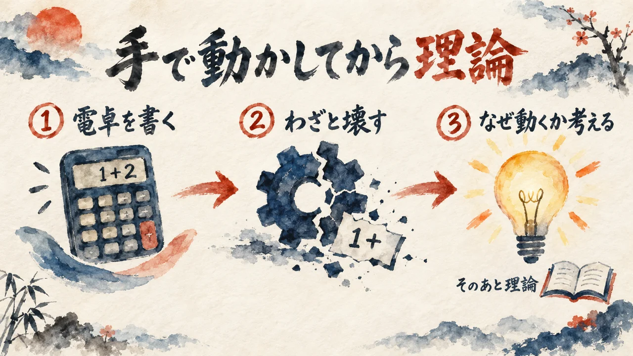 電卓を書き、わざと壊し、考えてから理論に進む流れの図解