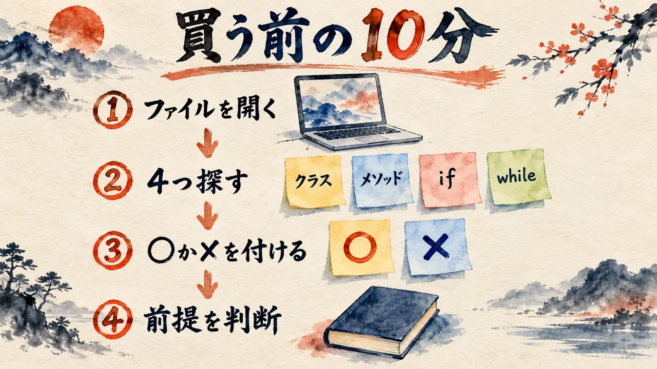 サンプルコードを開き、4つを探して○×を付け、前提を判断する流れの図解