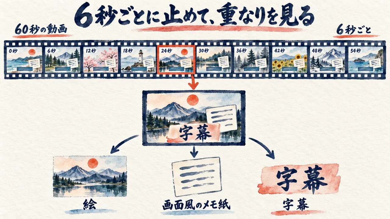 Fujinさんのショート動画「動画生成AI・演者一切不要。」60秒を6秒ごとに見ると、絵の上に画面と字幕が重なっていた
