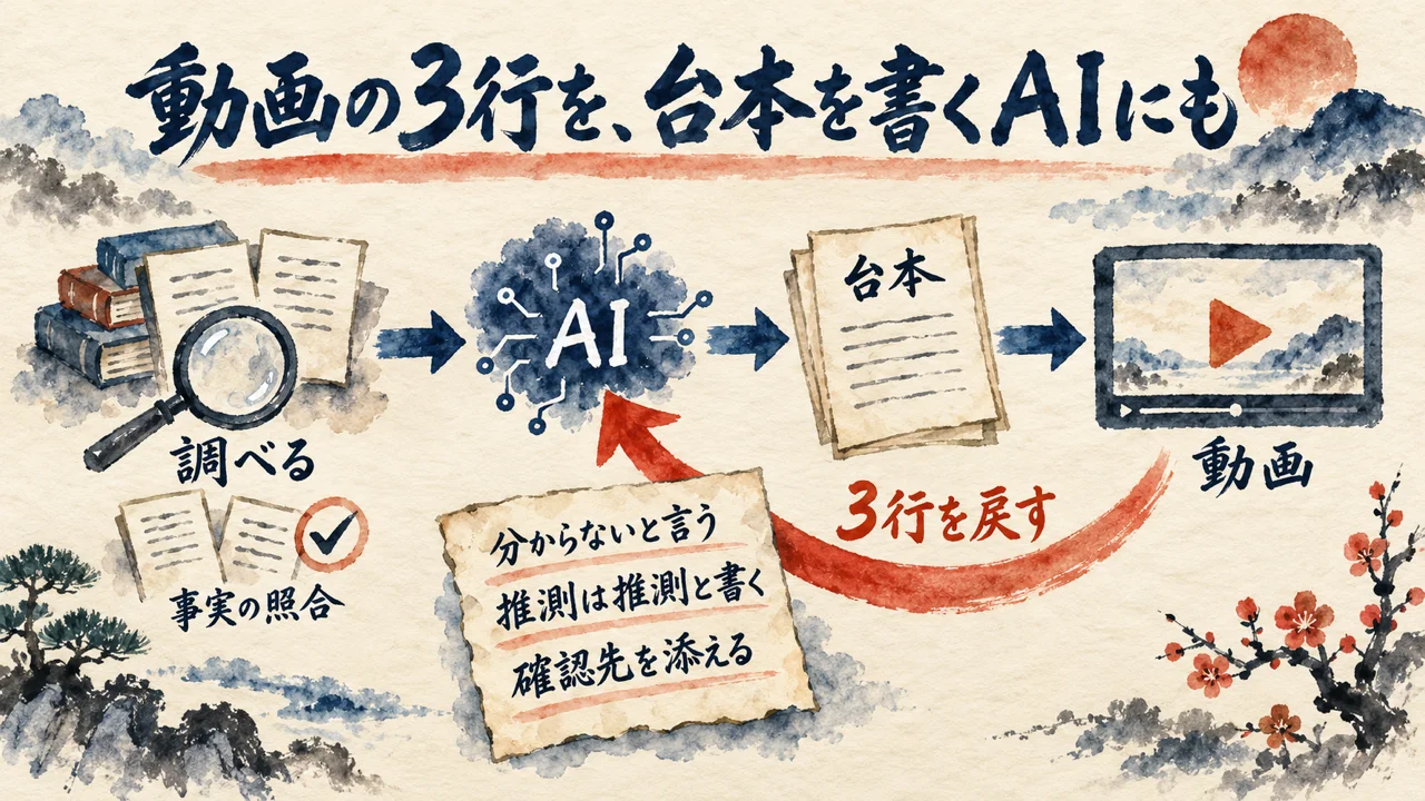 「①Opus 5.5にリサーチさせる ②台本を書いてもらう」動画の3行を、台本を書くAIにも貼れるか