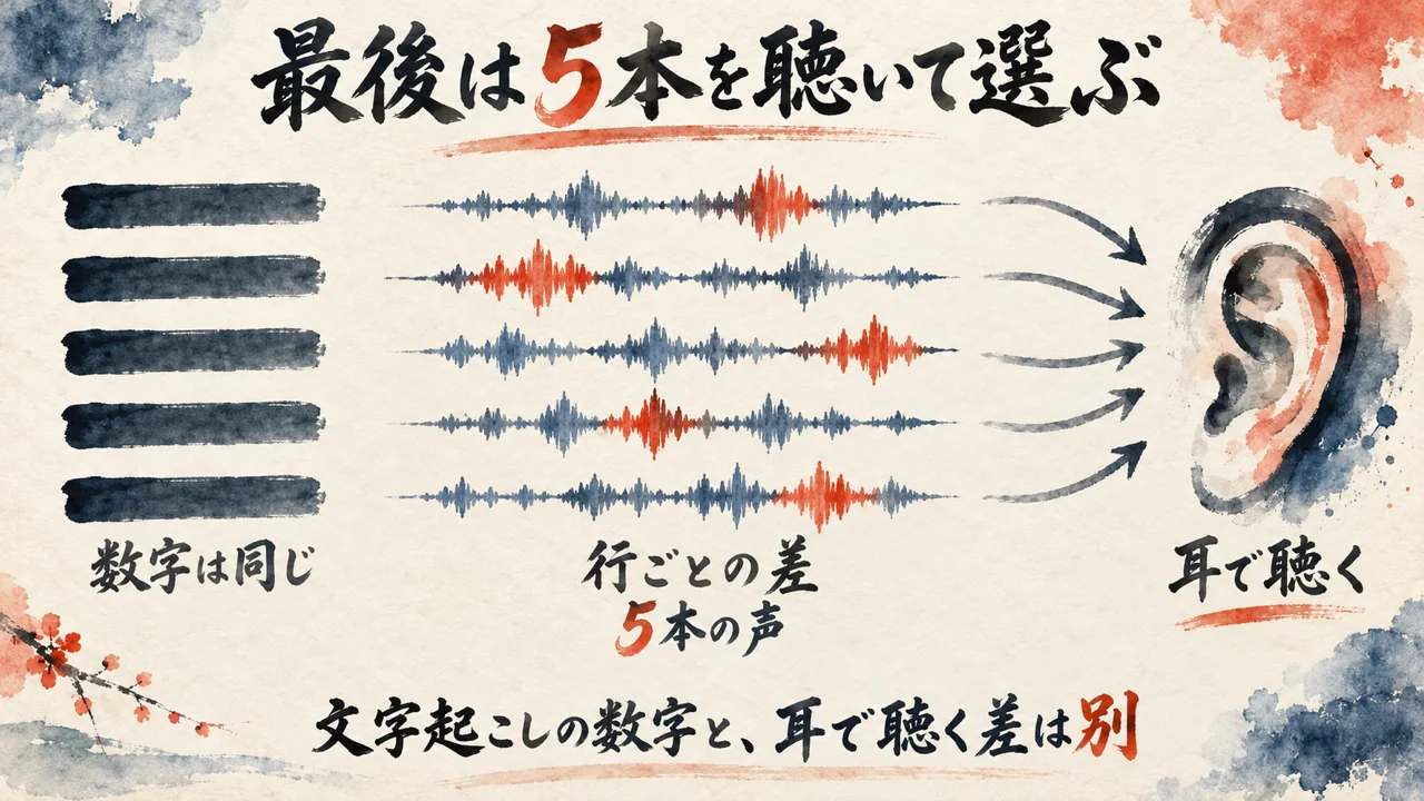 「④台本をもとにTTSsで音声化」平均の数字は横並びでも、差は行ごとに出た。最後は5本を全部聴いて選んだ