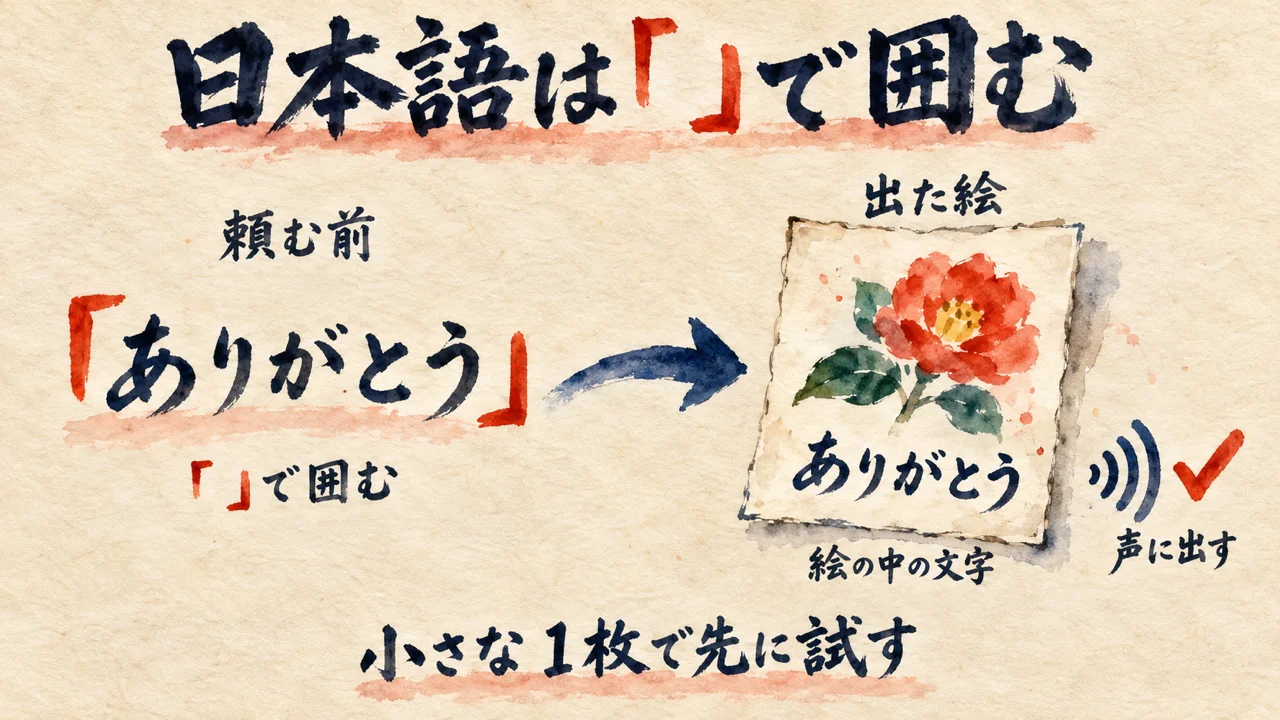 「⑤GPT Image 2.5で素材生成してもらう」私が日本語を絵に入れたのはGrok。同じ指定が効くかは、小さな1枚で試す