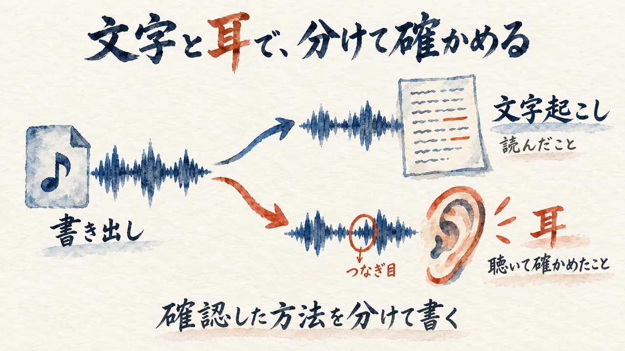 「⑥全ての素材を動画編集で合わせる ⑦書き出して最終チェックする」文字起こしが読んだことと、耳で確かめたことを分けて書く