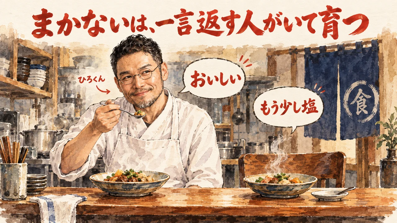 まかないを作る人と、食べて一言返す人が並ぶ厨房の水彩イラスト