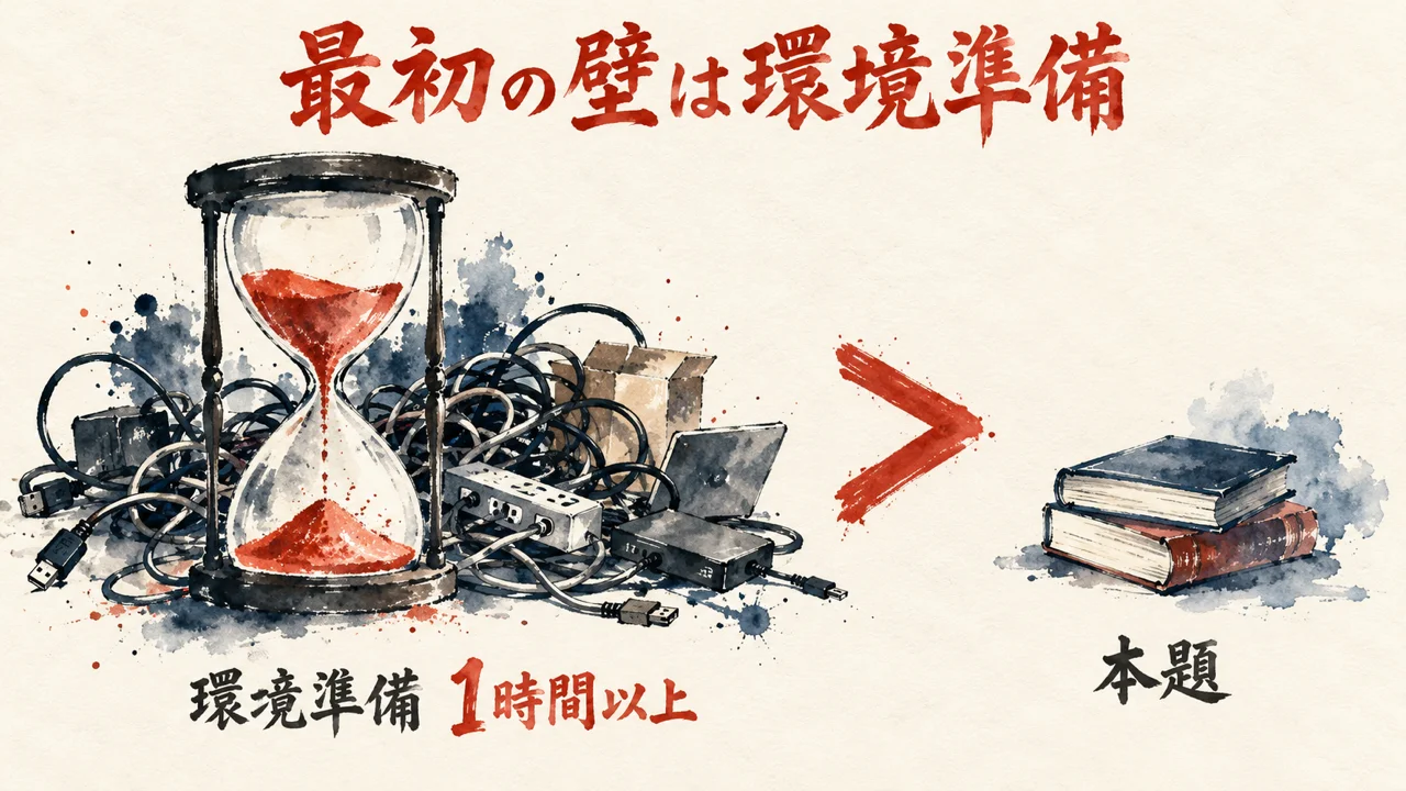 第1回のハンズオンで時間の多くが環境準備に消えたことを示す図解