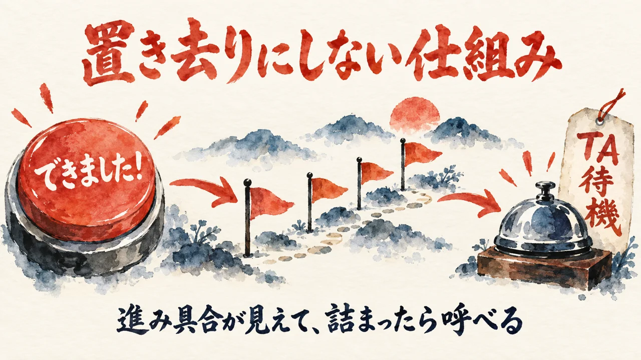 できましたボタンとTA待機チャンネルで、詰まった人を置き去りにしない仕組みの図解